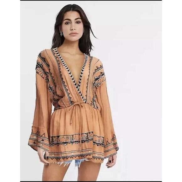 Free People Aztec Print Romper Size XS Brown Boho Festival Hippie Plunge Neck - Picture 1 of 12